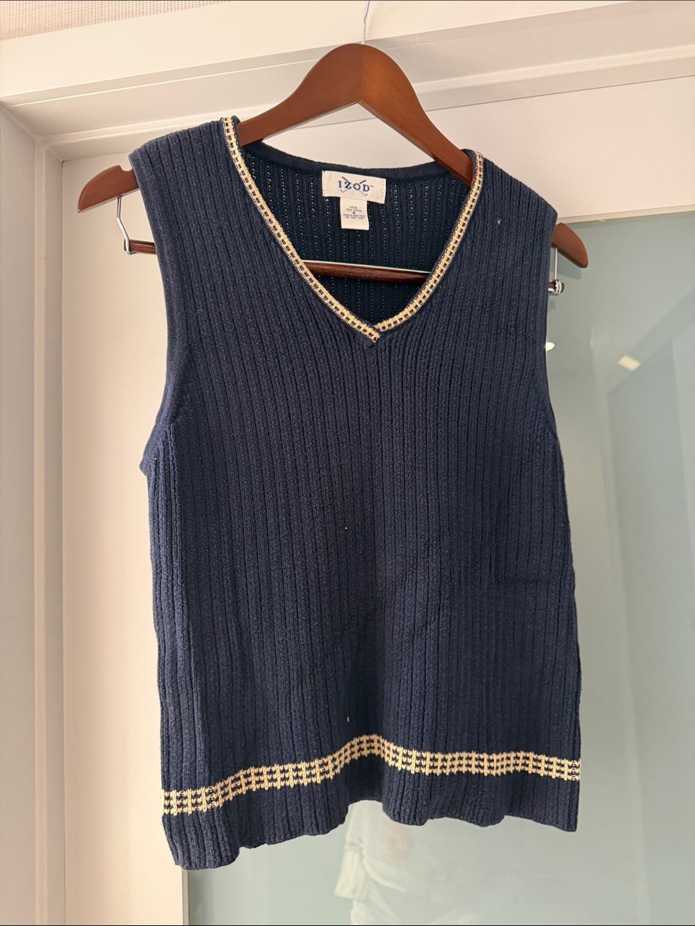 Izod Navy Ribbed V-Neck Sweater Vest with Cream Trim